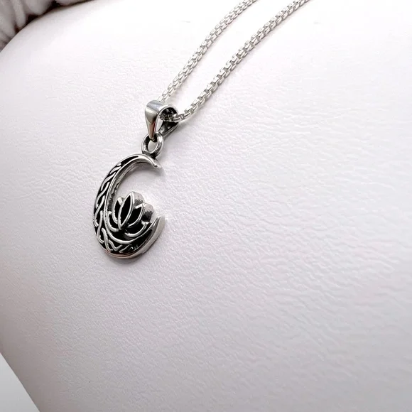 .925 Sterling Silver Moon and Lotus Flower Necklace - Picture 8 of 16